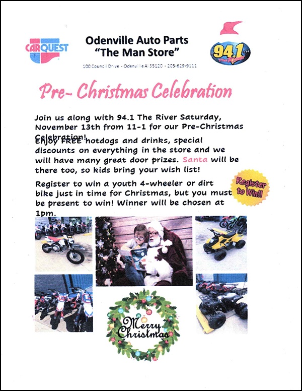 Join Odenville Auto Parts & The Man Store along with 94.1 The River this Saturday, November 13 fr 11-1 for our Pre-Christmas Celebration 2021